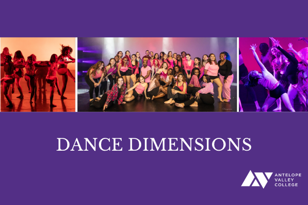 Three pictures with two of individuals dancing that are the left and right of a group picture of individuals in a former class. Underneat the pictures are the words Dance Dimensions with the AVC logo in white on a purple background.