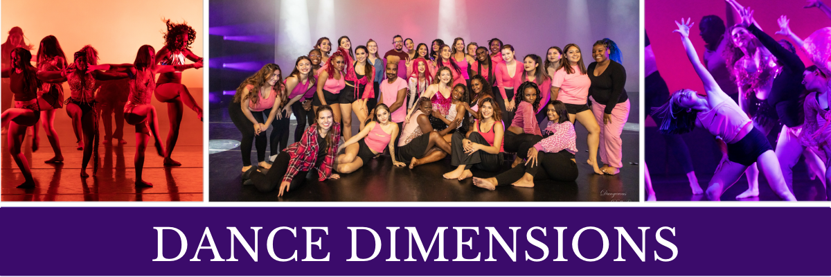 hree pictures with two of individuals dancing that are the left and right of a group picture of individuals in a former class. Underneat the pictures are the words Dance Dimensions with the AVC logo in white on a purple background 