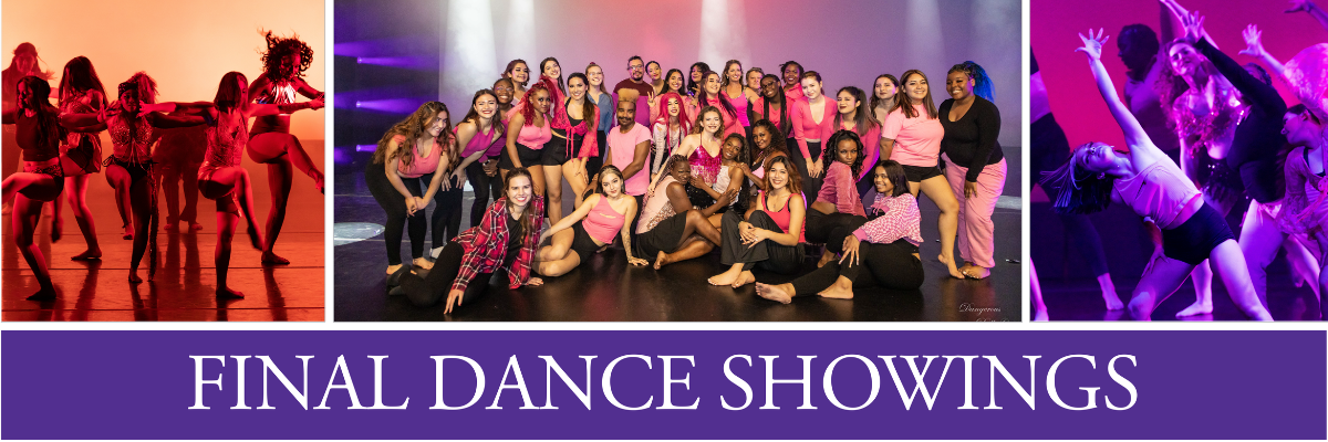hree pictures with two of individuals dancing that are the left and right of a group picture of individuals in a former class. Underneat the pictures are the words Final Dance Showings with the AVC logo in white on a purple background 