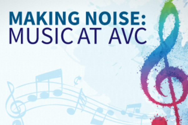 Written on a graphic in blue, Making Noise: Music at AVC, on a backgroundwith music notes in blue.