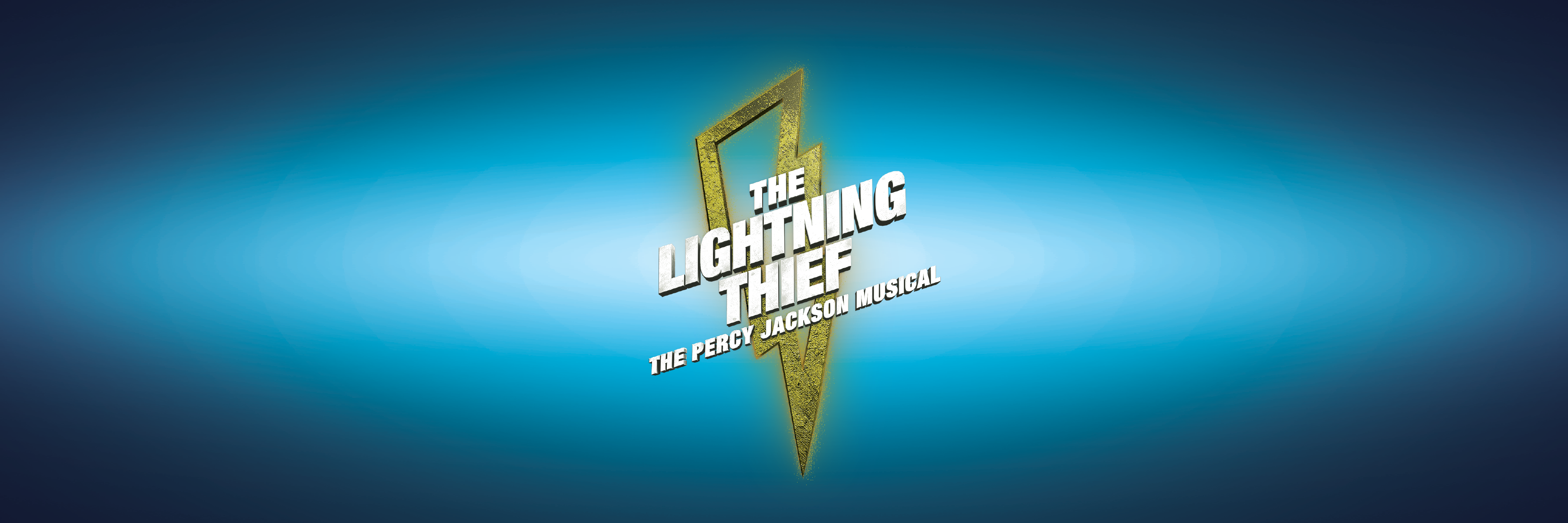 Graphic of a gold outlined lightning bolt on a blue background with the words The Lightning Thief The Percy Jackson Musical.