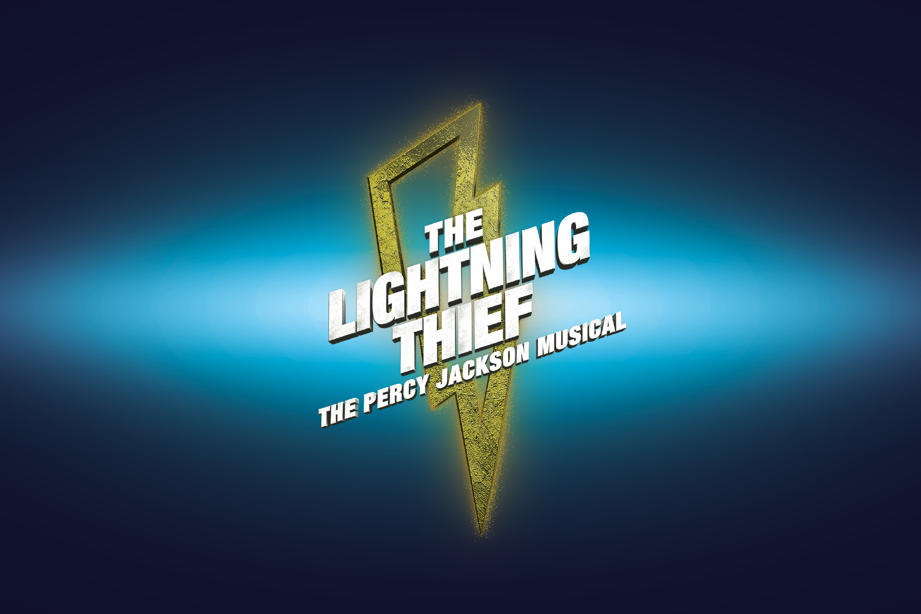 Graphic of a gold outlined lightning bolt on a blue background with the words The Lightning Thief The Percy Jackson Musical.